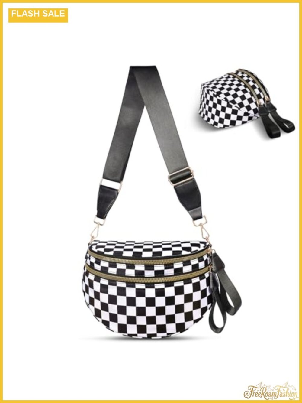 Checkered Crossbody Sling Bag Wide Strap Fanny Pack Purse Double Zip